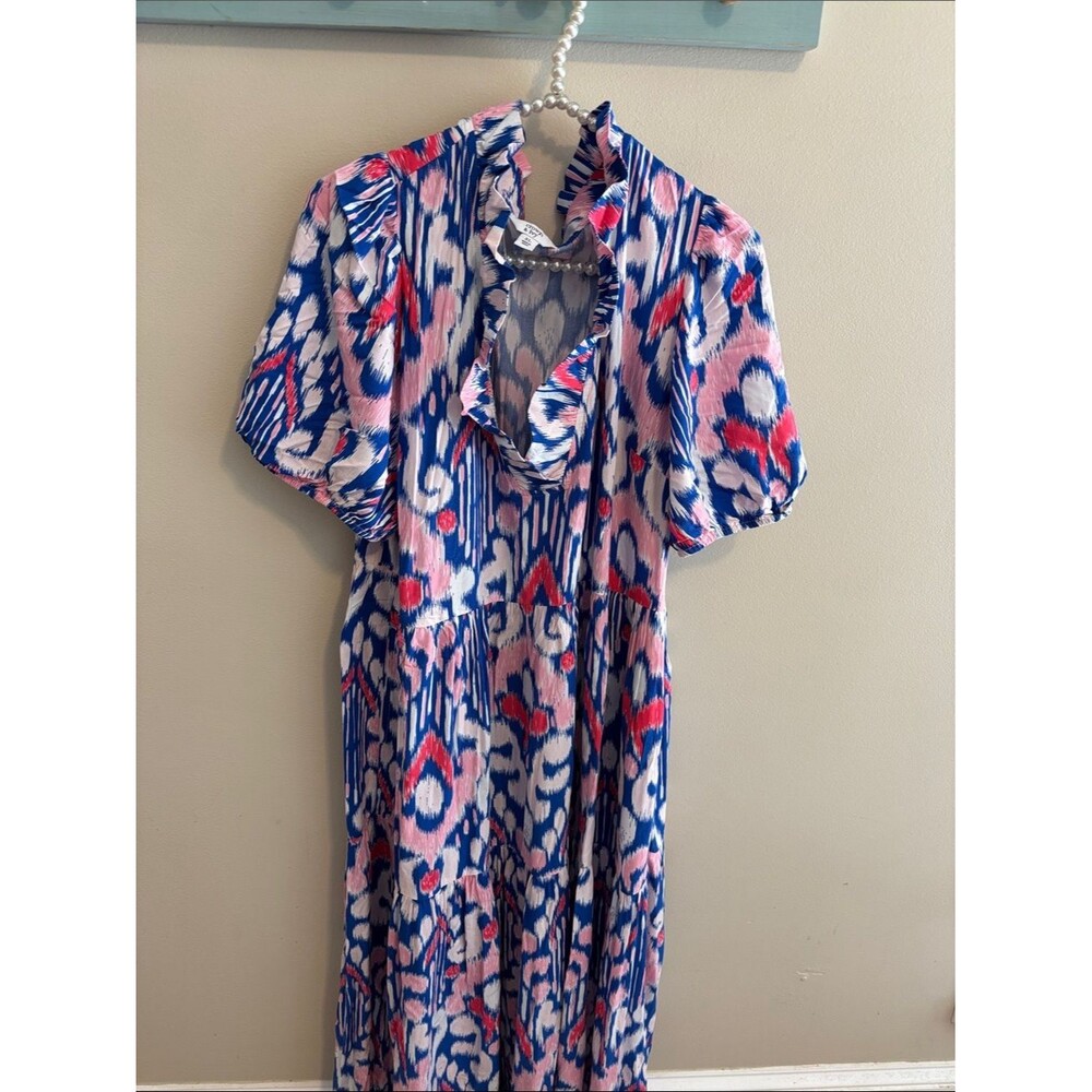 Crown & Ivy Pink and Blue Ruffle V-Neck Maxi Dress size xl